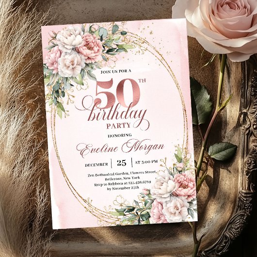 Invitation Feminine Blush Floral 50th Birthday Celebration 