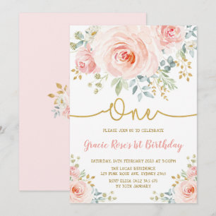 Invitation Feminine Blush Floral Rose Fille 1er anniversaire 