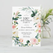 Invitation Feminine Blush Rose Floral 100e fête d'anniversair (Debout devant)