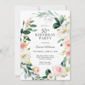 Invitation Feminine Blush Rose Floral 50e fête d'anniversaire (Devant)