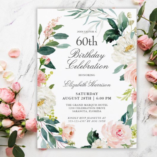 Invitation Feminine Blush Rose Floral 60e fête d'anniversaire