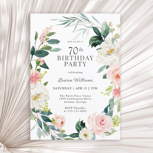 Invitation Feminine Blush Rose Floral 70e fête d'anniversaire