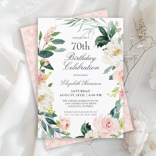 Invitation Feminine Blush rose Floral 70e fête d'anniversaire