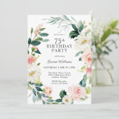 Invitation Feminine Blush Rose Floral 75e fête d'anniversaire (Debout devant)