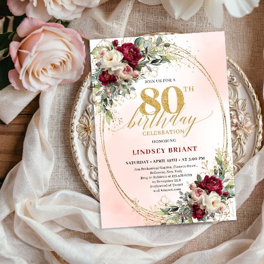 Invitation Feminine Boho Floral Burgundy 80th Birthday Invite