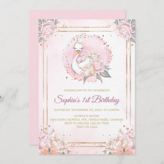 Invitation Feminine Boho Swan Princesse rose Blush Anniversai (Devant / Derrière)