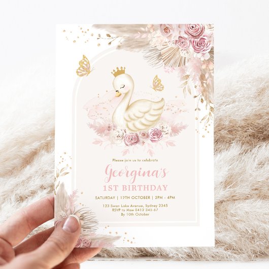 Invitation Feminine Boho Swan Princesse rose Blush Anniversai