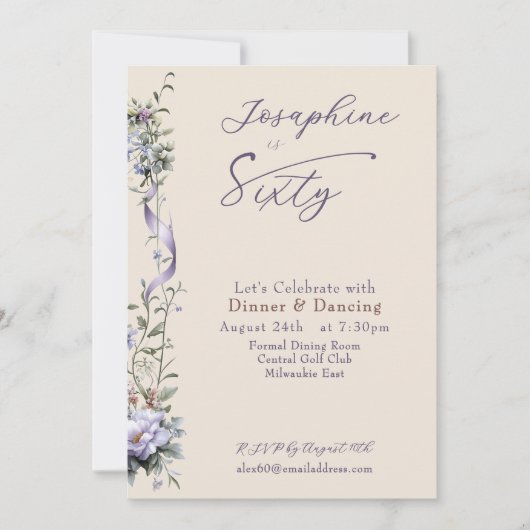 Invitation Feminine Dusty Blue Wildflower Sixtieth Birthday (Devant)
