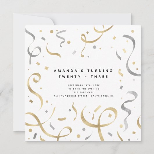Invitation Feminine Faux Gold & Silver Moderne Adulte Anniver (Devant)