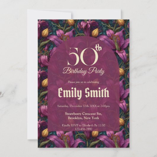 Invitation Feminine Lilies Sparkle Surprise Birthday (Devant)