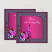 Invitation Femme 50e anniversaire Pink Purple Butterfly Flora (Devant / Derrière)