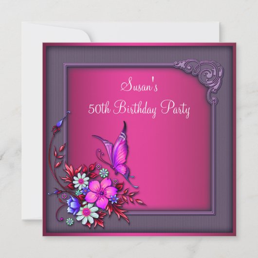 Invitation Femme 50e anniversaire Pink Purple Butterfly Flora (Devant)