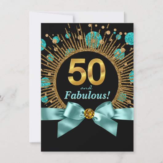 Invitation Femme 50e anniversaire Turquoise Bleu et or (Devant)