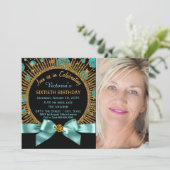 Invitation Femme 60e anniversaire Turquoise bleu et or photo  (Debout devant)