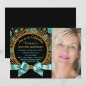 Invitation Femme 60e anniversaire Turquoise bleu et or photo  (Devant / Derrière)