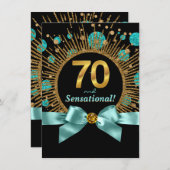 Invitation Femme 70e fête d'anniversaire Turquoise bleu et or (Devant / Derrière)