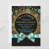 Invitation Femme 70e fête d'anniversaire Turquoise bleu et or (Dos)