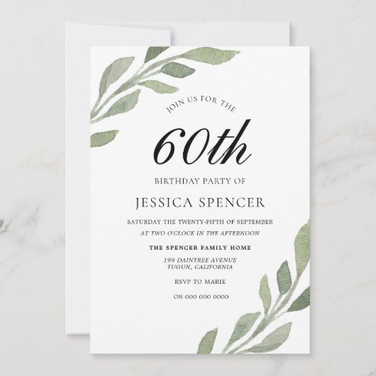 Invitation Femme à feuilles d'aquarelle masculine 60e Invitat (Devant)
