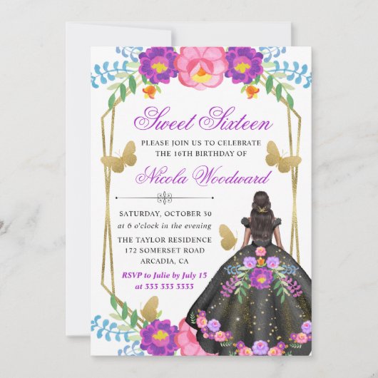 Invitation Femme à peau foncée Mexicaine Robe Florale Douce 1 (Devant)