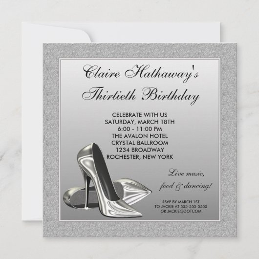 Invitation Femme à talons hauts en argent 30e anniversaire (Devant)