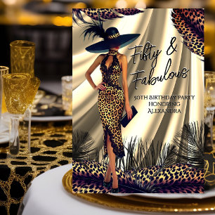 Invitation Femme Anniversaire Fabuleuse Noir Or Léopard plume