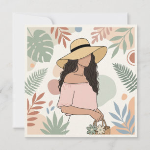 Invitation Femme au chapeau de paille avec des fleurs