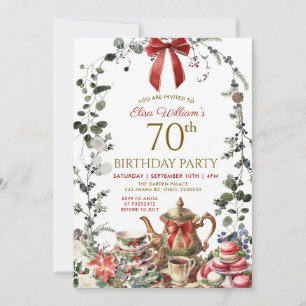 Invitation Femme au nœud rouge Noël 70e anniversaire Tea Part