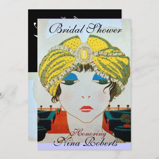 INVITATION FEMME AU TURBAN ORIENTAL JAUNE RECEPTION DE MARIAG (Devant / Derrière)