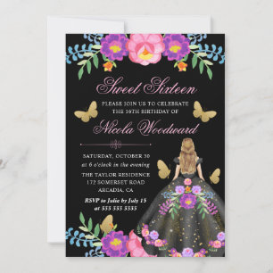 Invitation Femme blonde en robe florale mexicaine Sweet 16
