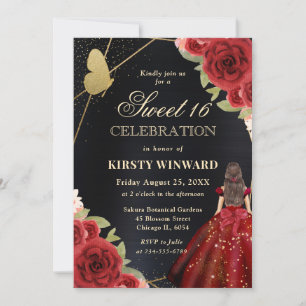 Invitation Femme brune en robe rouge pour Sweet 16