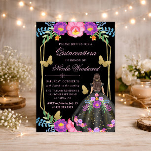 Invitation Femme Brune Robe Florale Mexicaine Quinceañera