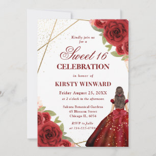 Invitation Femme Brune Robe Rouge Fleurs Sweet 16