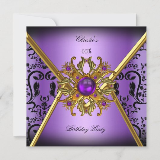 Invitation Femme Damask Purple Gold Black fête d'anniversaire (Devant)