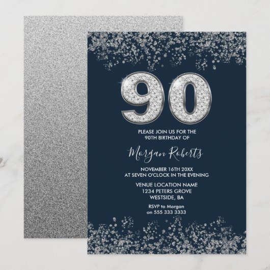 Invitation Femme d'argent et de marine 90e fête d'anniversair (Devant / Derrière)