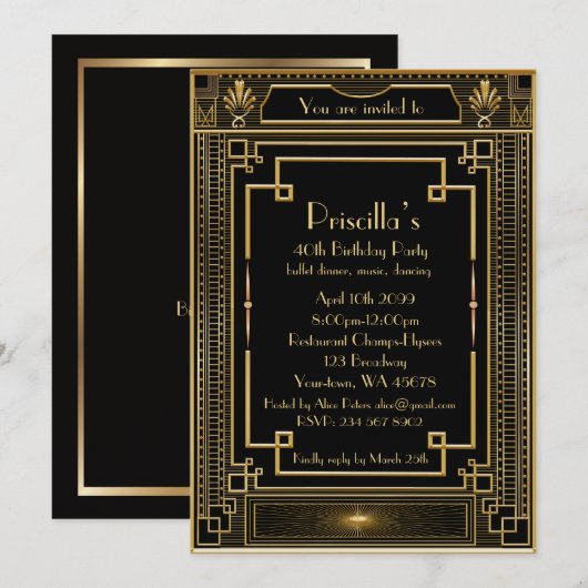 Invitation Femme de fête d'anniversaire, style de Gatsby (Devant / Derrière)