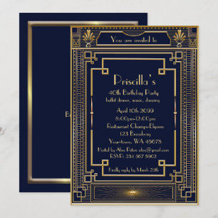 Invitation Femme de fête d'anniversaire, style Gatsby or, mar