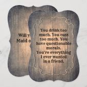 Invitation Femme d'honneur rustique amusante / La servante d' (Devant / Derrière)