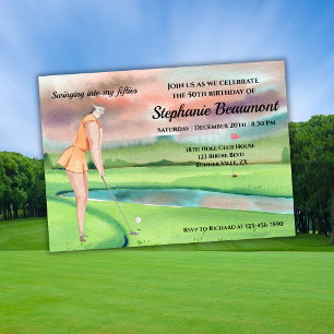 Invitation Femme Élégante Joueuse de Golf en Plein Swing pour