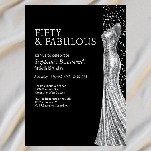 Invitation Femme Élégante Robe Argentée Fabuleuse 50e Anniver