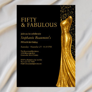 Invitation Femme Élégante Robe Dorée Fabuleuse 50e Anniversai