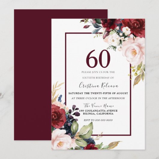 Invitation Femme florale bordeaux Mens 60e anniversaire (Devant / Derrière)