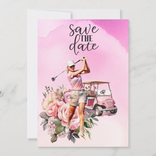 Invitation Femme golfeuse avec voiturette de golf rose sur ro (Devant)