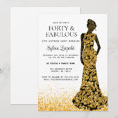 Invitation Femme noire et or en robe 40e anniversaire (Devant / Derrière)