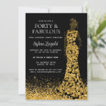 Invitation Femme noire et or en robe 40e anniversaire<br><div class="desc">Silhouette de femme en robe élégante pour sa "quarante et fabuleuse" fête d'anniversaire. Robe en or et noir et parties scintillant pour son sol. Customisez avec les détails de votre fête.</div>