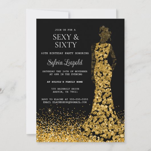 Invitation Femme noire et or en robe 60e anniversaire (Devant)