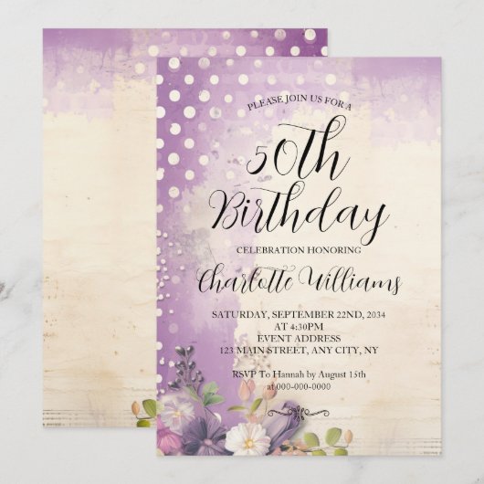 Invitation Femme Pois violette 50e anniversaire (Devant / Derrière)