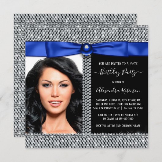 Invitation Femme Royal Blue Diamond Photo Anniversaire (Devant / Derrière)