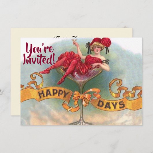 Invitation Femme victorienne Champagne rouge heureuse (Devant / Derrière)