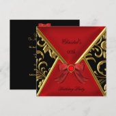 Invitation FEMMES Anniversaire de fête Or Rouge Noir Or Damas (Devant / Derrière)
