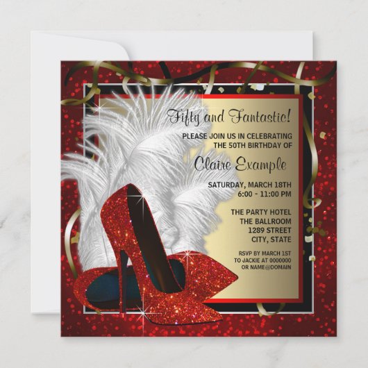 Invitation Femmes Noir et Rouge Haut talons fête d'anniversai (Devant)